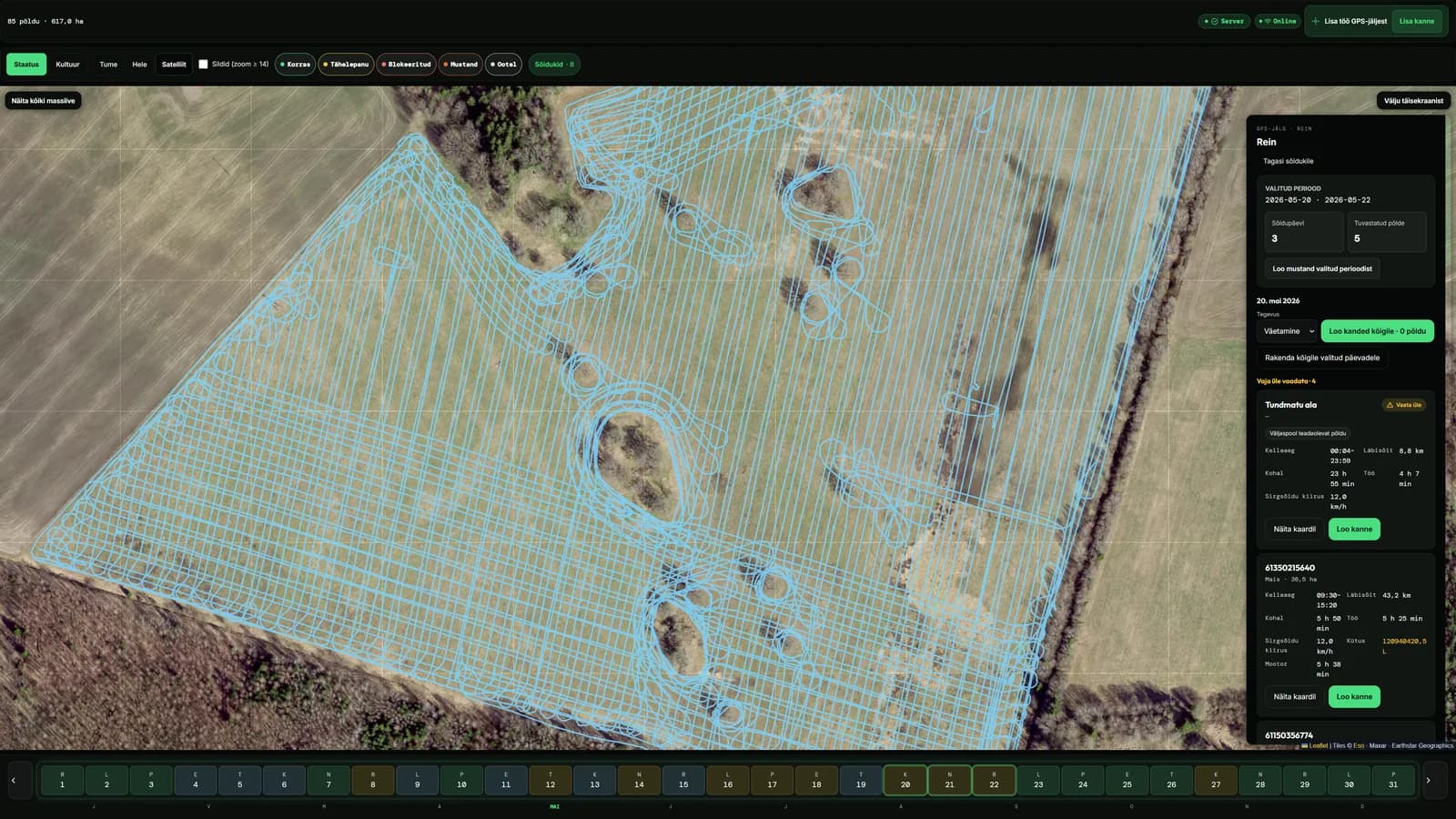 AgroNutikas — field record, evidence and compliance risk in one workflow – GPS track over satellite imagery: driving days on the strip below, detected fields on the right, an entry created straight from the track.