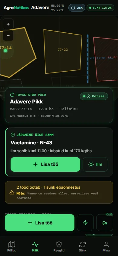 AgroNutikas — field record, evidence and compliance risk in one workflow – The tractor driver’s view: GPS identifies the field, the app names the next correct step and the count of unsynced jobs.