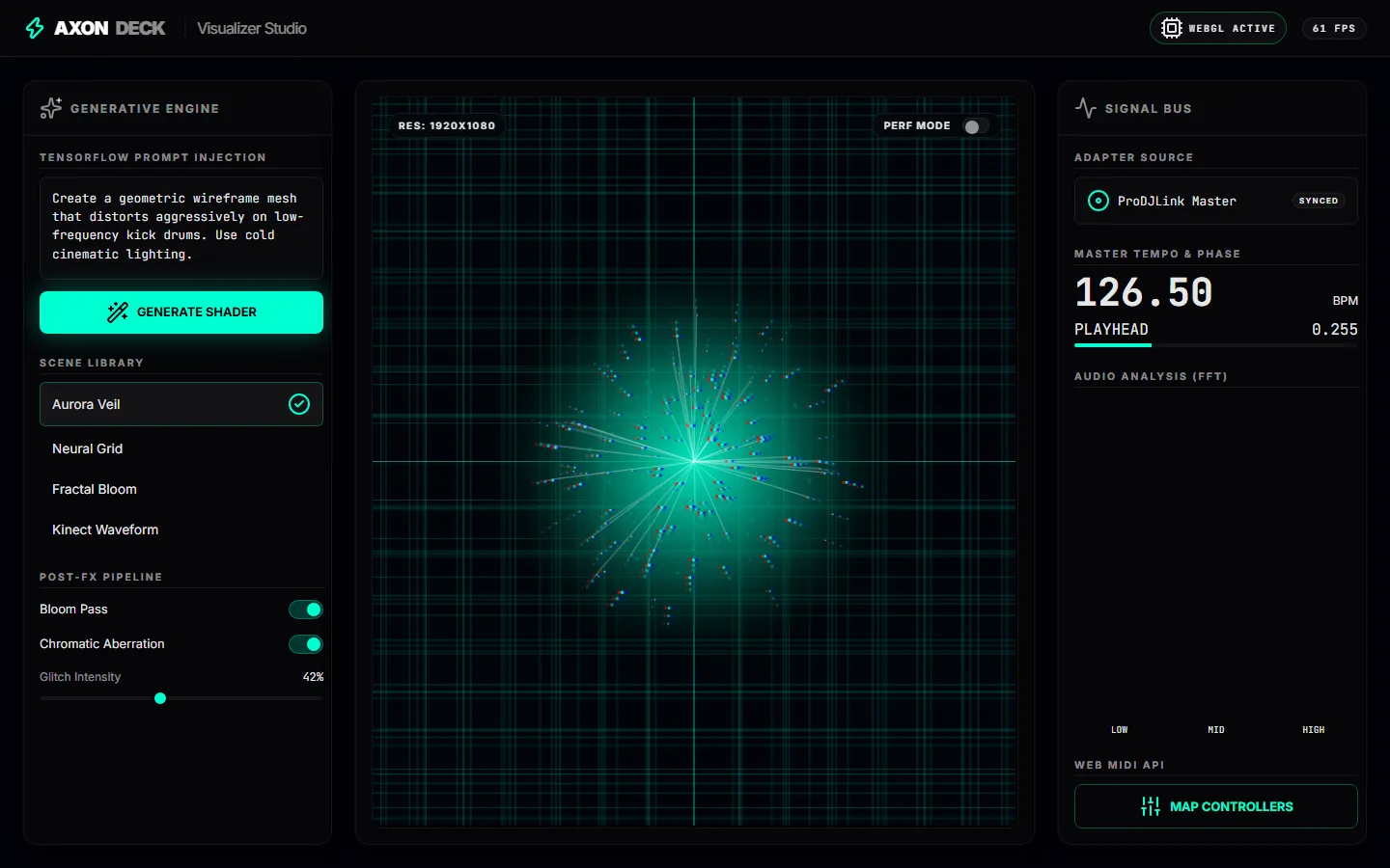 AxonDeck — DJ sync and visualisation that stays phase-locked – Prototype, visualiser: the scene is generated from text, while tempo and phase come from the same core as the audio.