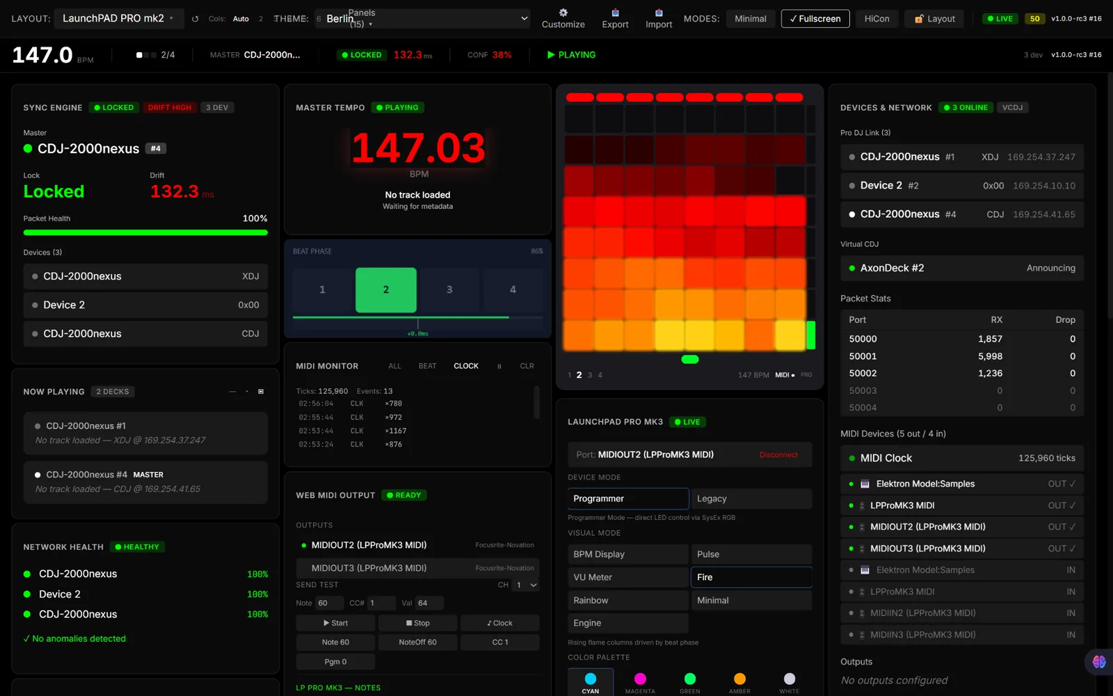 AxonDeck — DJ sync and visualisation that stays phase-locked – The working WebUI: sync engine, master tempo, devices and network, MIDI monitor and controller matrix in one window.
