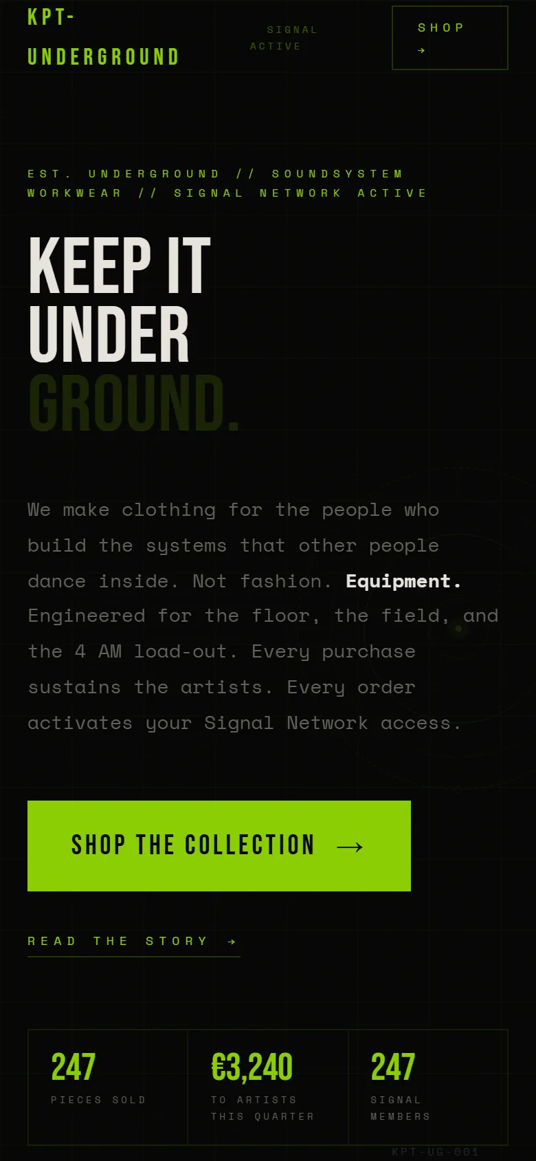 Keep It Underground — soundsystem workwear, not fashion – The same home on a phone: headline, promise and one action.