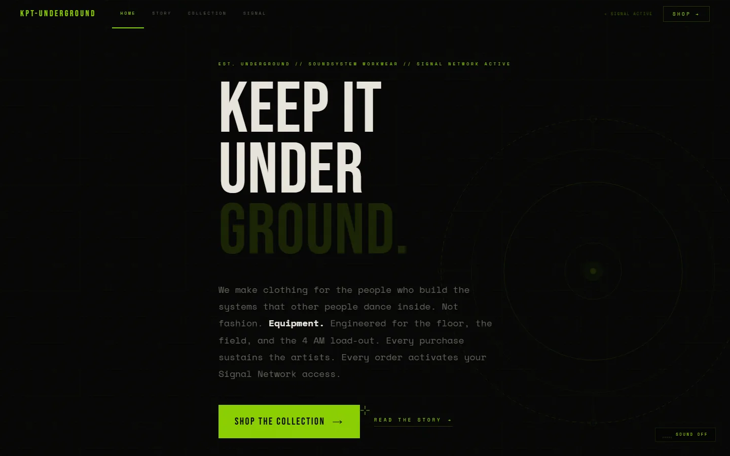 Keep It Underground — soundsystem workwear, not fashion – The home page says immediately who the clothes are for: the person building the system, not the fashion crowd.