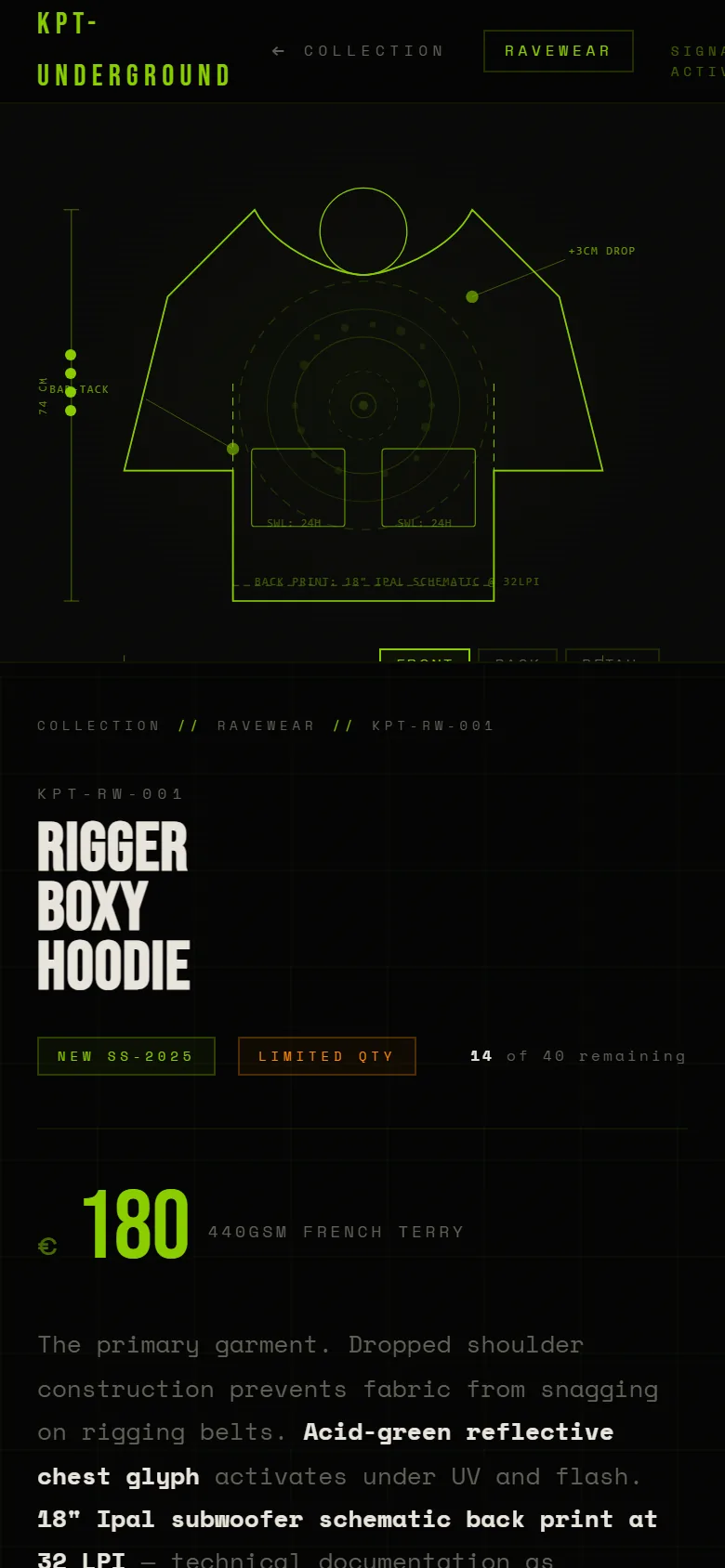 Keep It Underground — soundsystem workwear, not fashion – The product page on a phone: drawing, size picker and spec as you scroll.