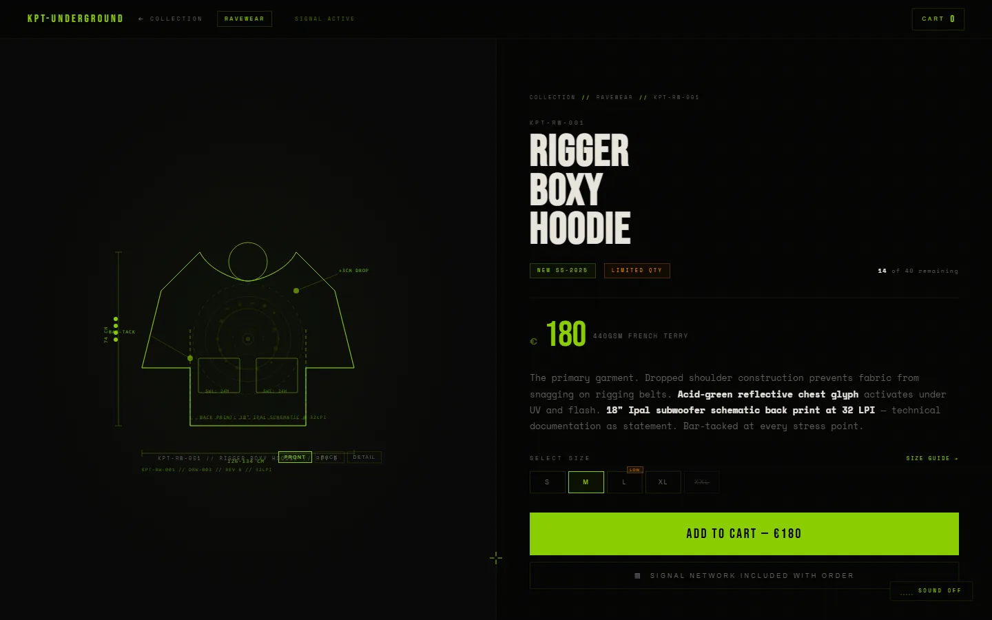 Keep It Underground — soundsystem workwear, not fashion – The product page carries the garment's technical drawing and spec: fabric, print, seams, stress points.