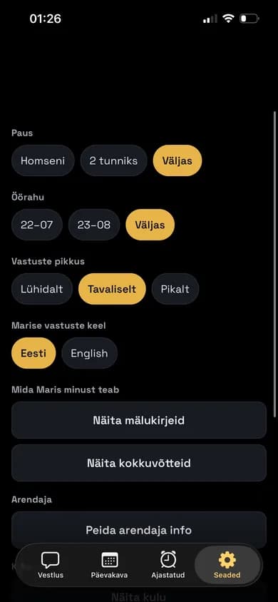 Maris — a domain-neutral assistant kernel that carries two products – Settings: pause, quiet hours, answer length and language — the user limits the assistant, not the other way round.