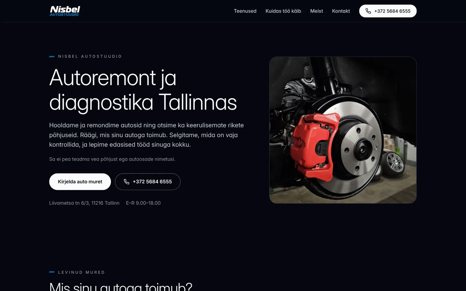 Nisbel Autostuudio — brand, design system and a new website – Home: the headline says what the studio does, two actions, address and opening hours on one screen.