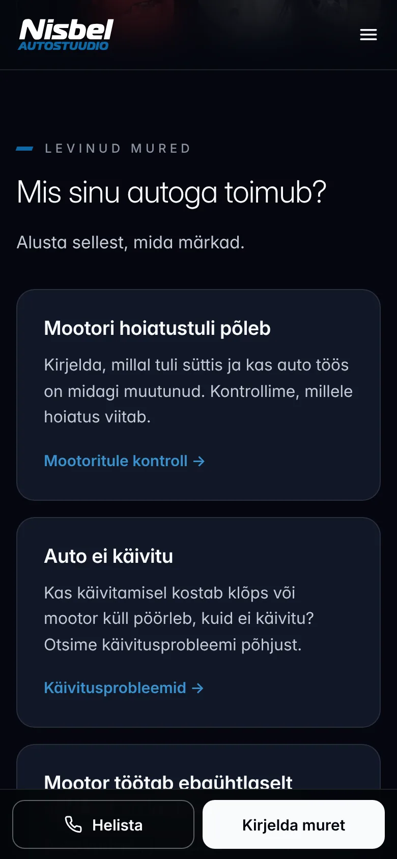 Nisbel Autostuudio — brand, design system and a new website – Problem cards in one column, each link goes straight to its service page.