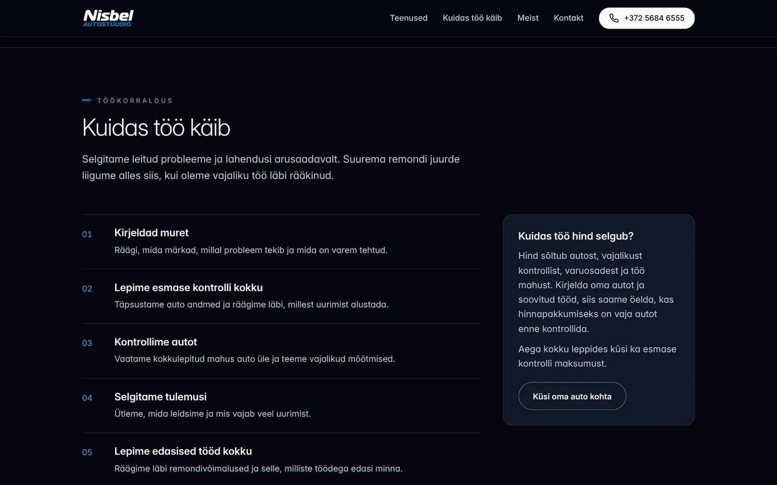 Nisbel Autostuudio — brand, design system and a new website – One process in seven steps; the pricing note stays visible beside it while scrolling.