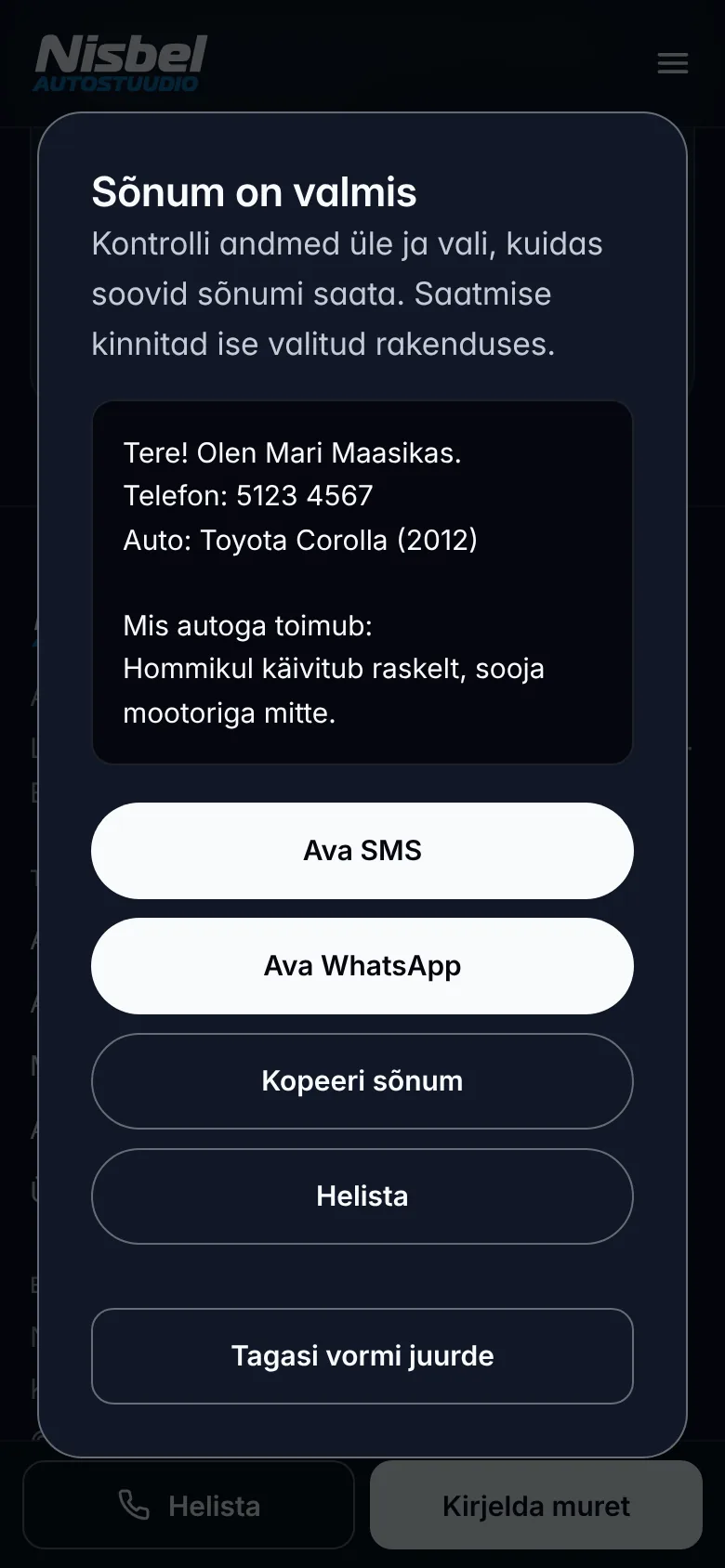 Nisbel Autostuudio — brand, design system and a new website – The form composes a message the customer sends by SMS or WhatsApp – the site never claims it was sent.