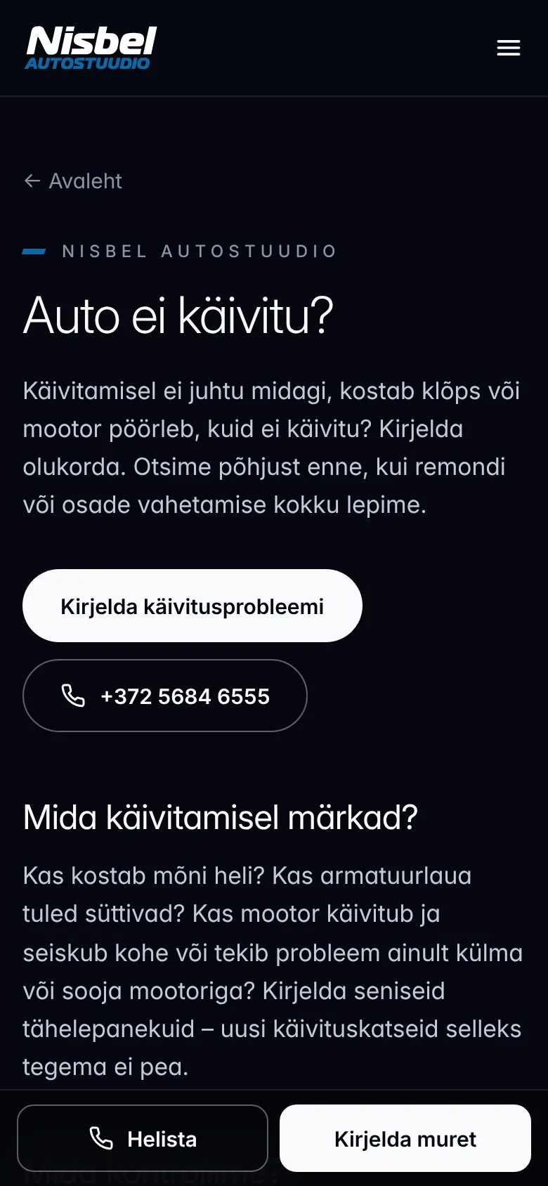 Nisbel Autostuudio — brand, design system and a new website – A service page on a phone: headline, two buttons and an explanation without a single unconfirmed promise.