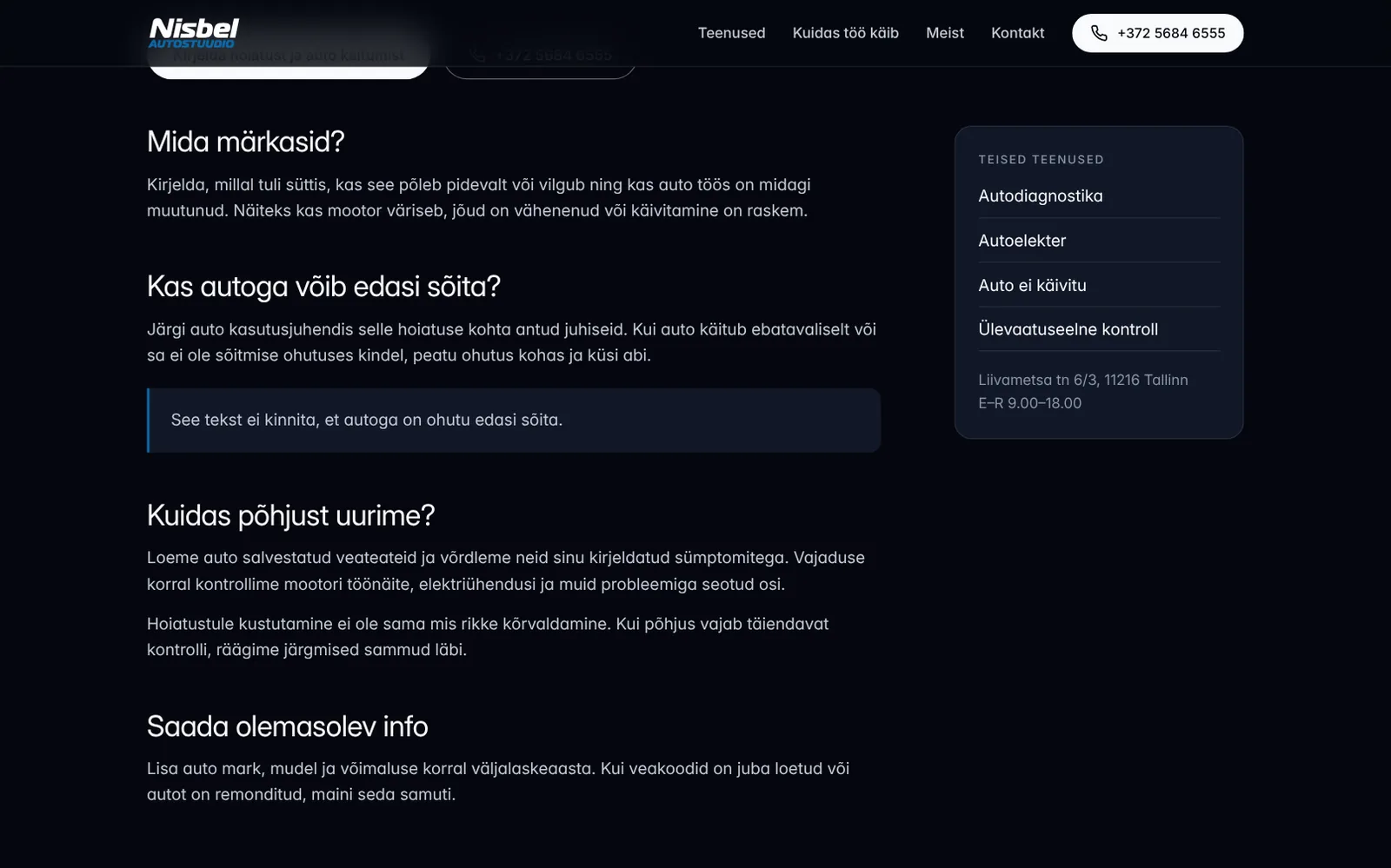 Nisbel Autostuudio — brand, design system and a new website – Service page: a short explanation, a driving-safety note and a side panel with the other services.