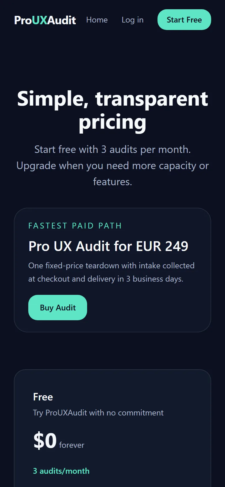ProUXAudit — find UX friction before your users do – Pricing on a phone: tiers stacked, the fastest paid path first.