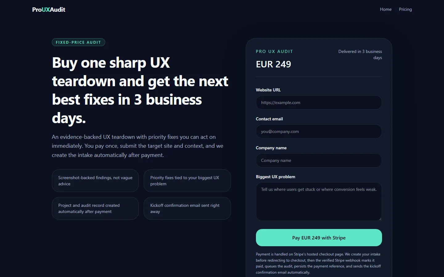 ProUXAudit — find UX friction before your users do – The fixed-price audit: payment runs through Stripe and the order data creates the audit intake automatically.