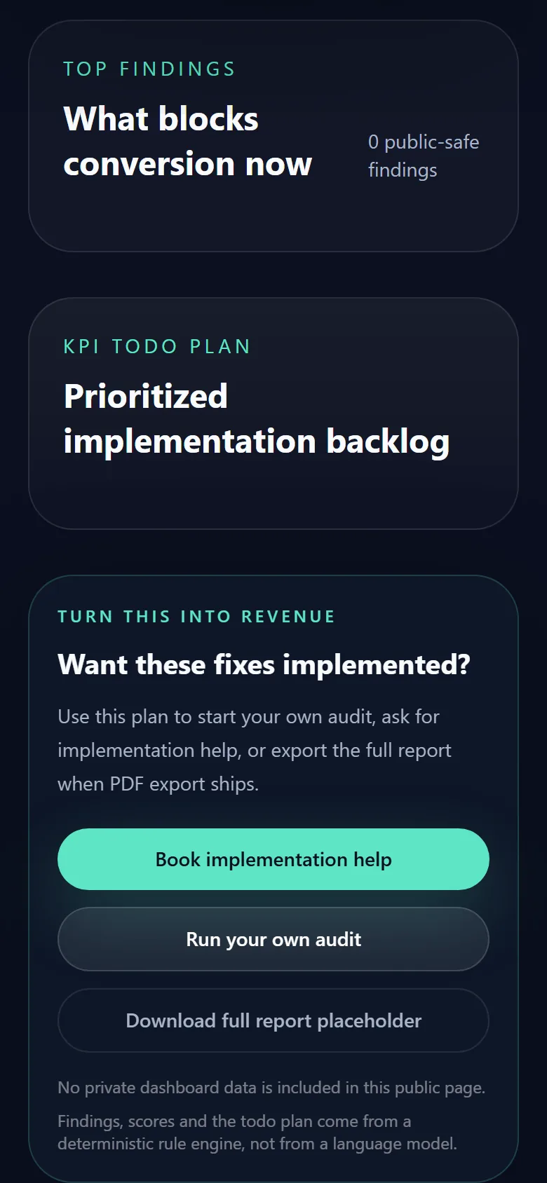 ProUXAudit — find UX friction before your users do – The lower half of the report: findings, the action plan and one next step. The footnote states that the score comes from a rule engine, not a language model.