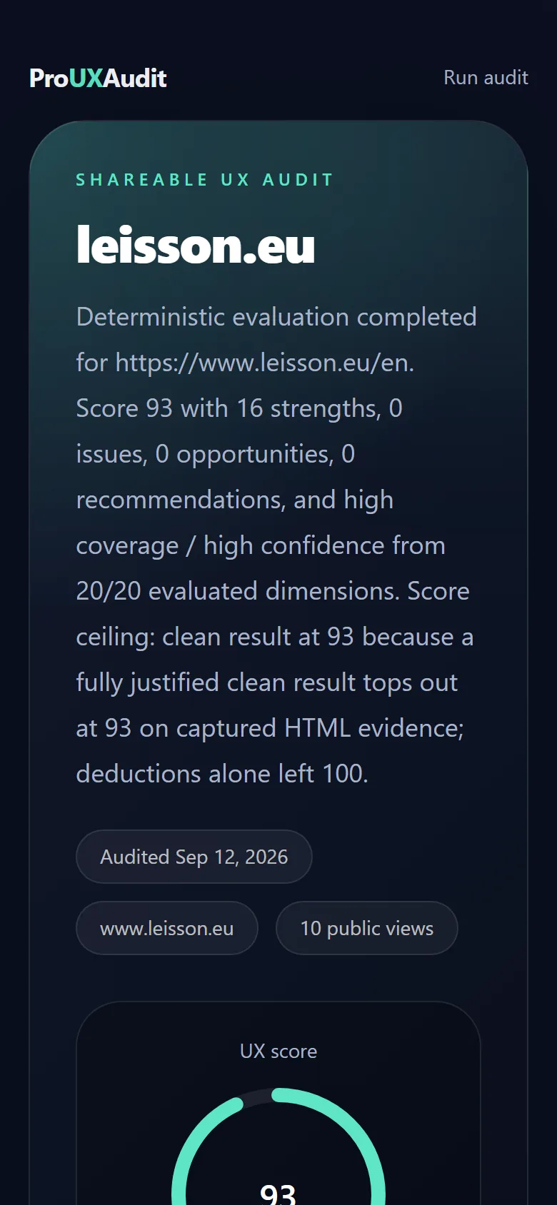 ProUXAudit — find UX friction before your users do – The same report on a phone: score and summary without scrolling.