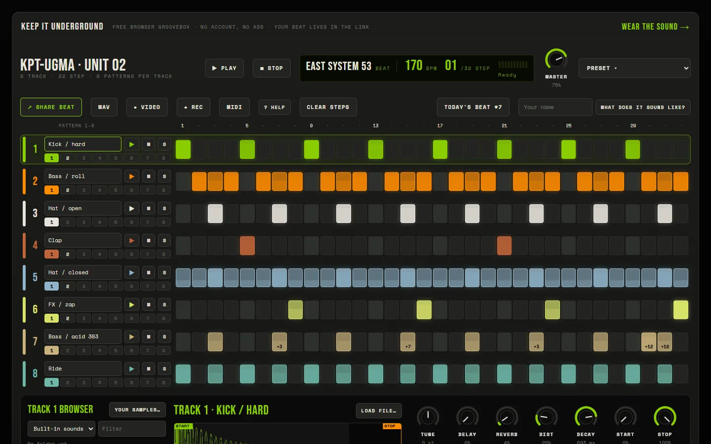 KPT-UGMA · UNIT 02 – a free groovebox that brings traffic to the shop – One hardware panel: transport, the beat name on the LCD, preset and sharing in the header, eight tracks in their track colours.