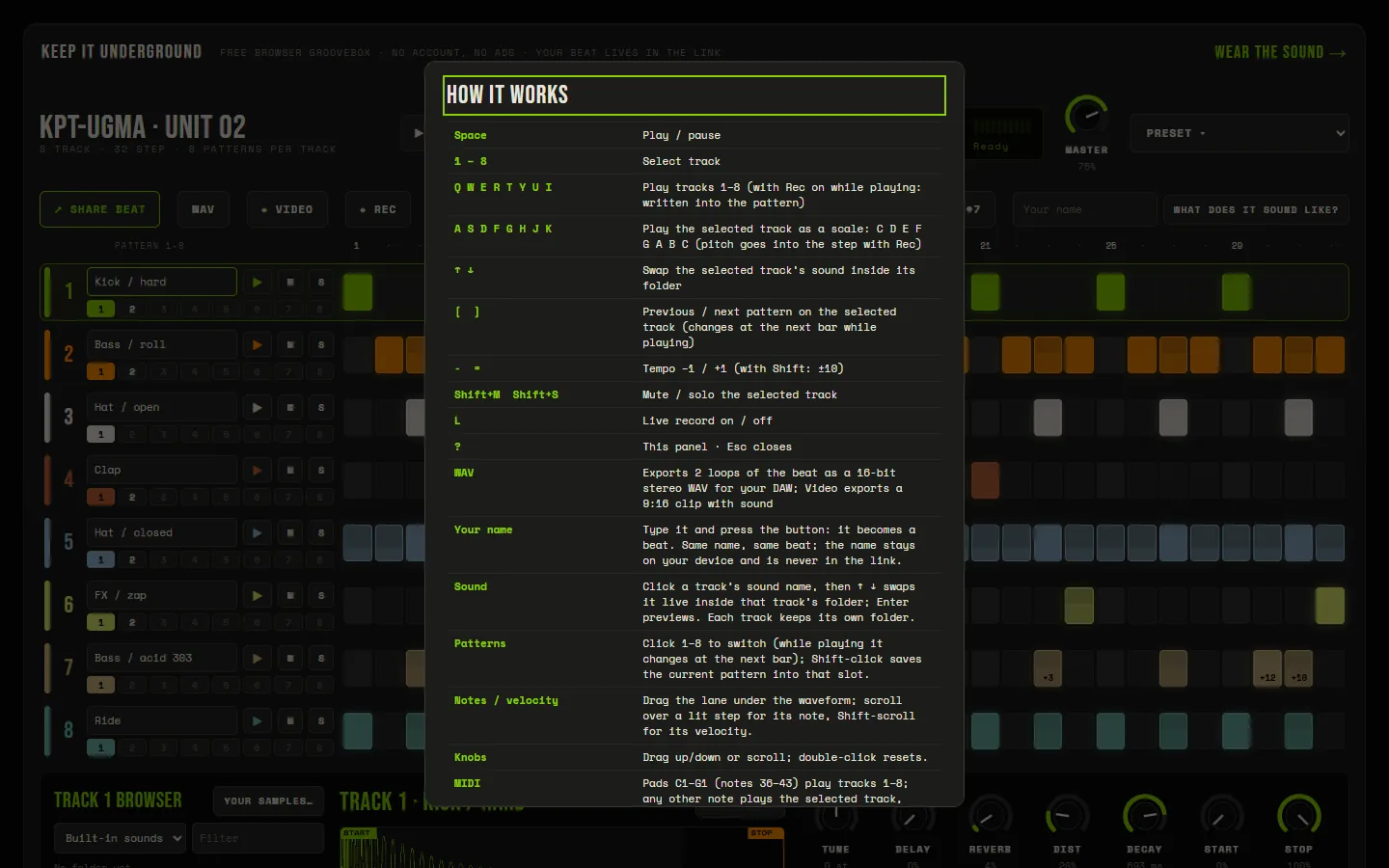 KPT-UGMA · UNIT 02 – a free groovebox that brings traffic to the shop – Help is one dialog: keys, MIDI and every rule that used to take two rows above the grid.