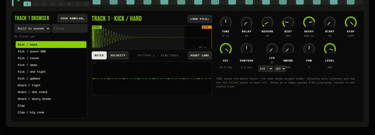 KPT-UGMA · UNIT 02 – a free groovebox that brings traffic to the shop – The selected-track panel: sound browser, waveform with start and stop markers, note and velocity lane and 13 knobs.