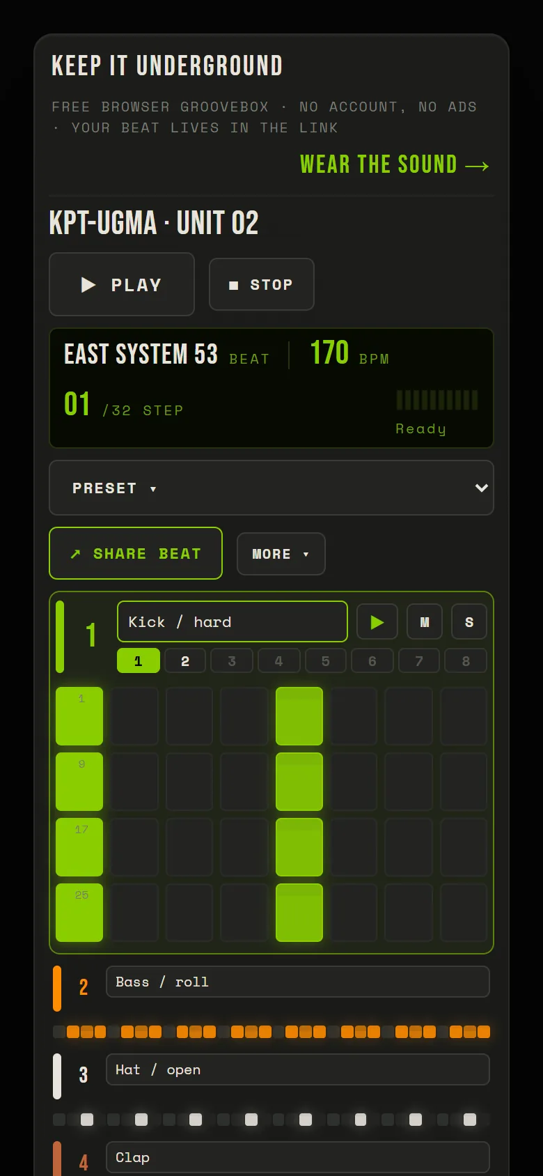 KPT-UGMA · UNIT 02 – a free groovebox that brings traffic to the shop – On a phone the instrument comes first: Play, the name and a thumb-sized focus track on the first screen.