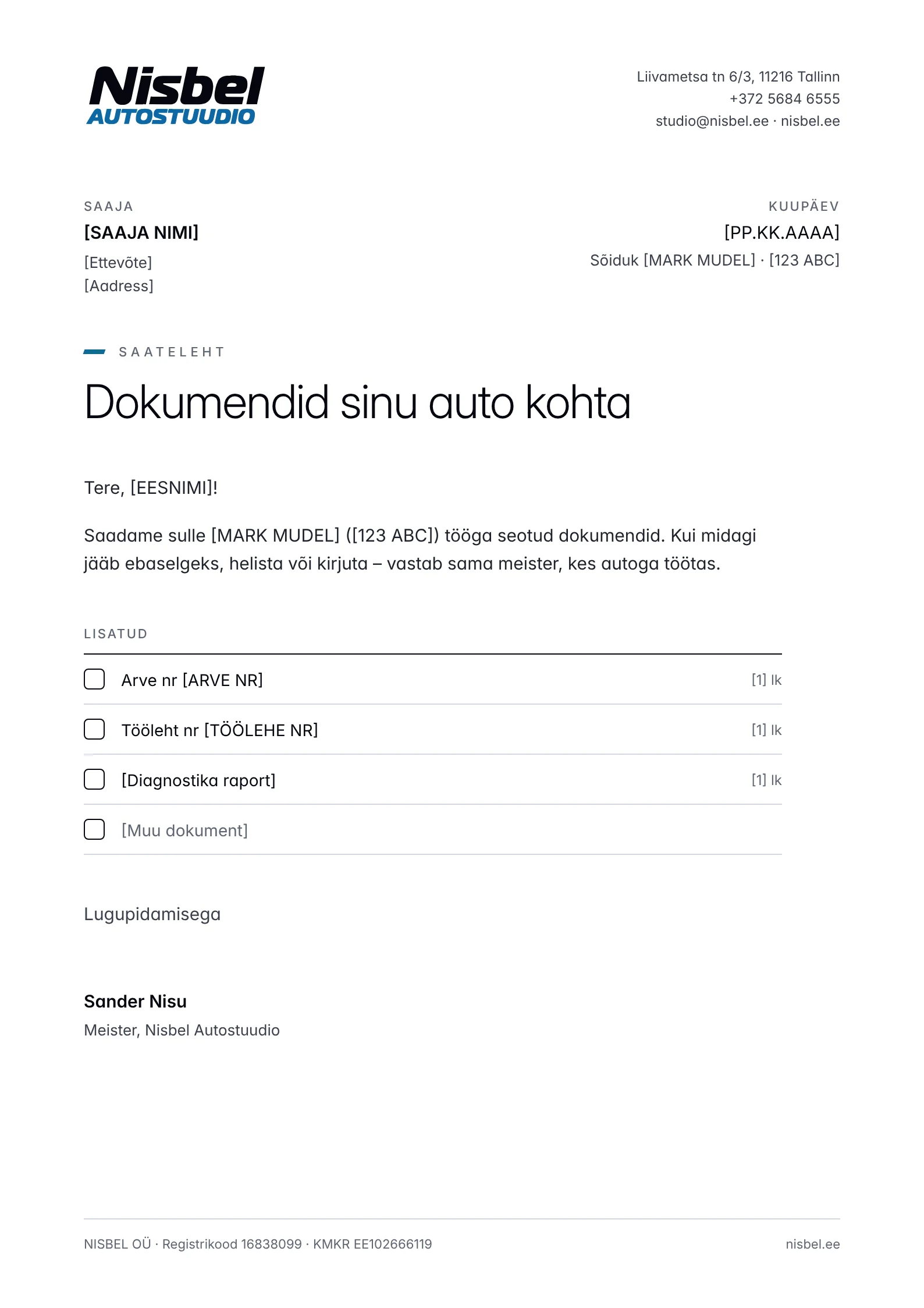 Cover letter – Nisbel Autostuudio